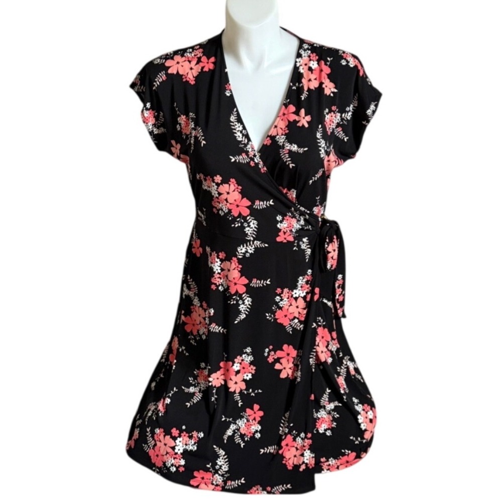 Michael Kors Floral Wrap Dress Black Pink Gold Ring Detail Womens Size XL